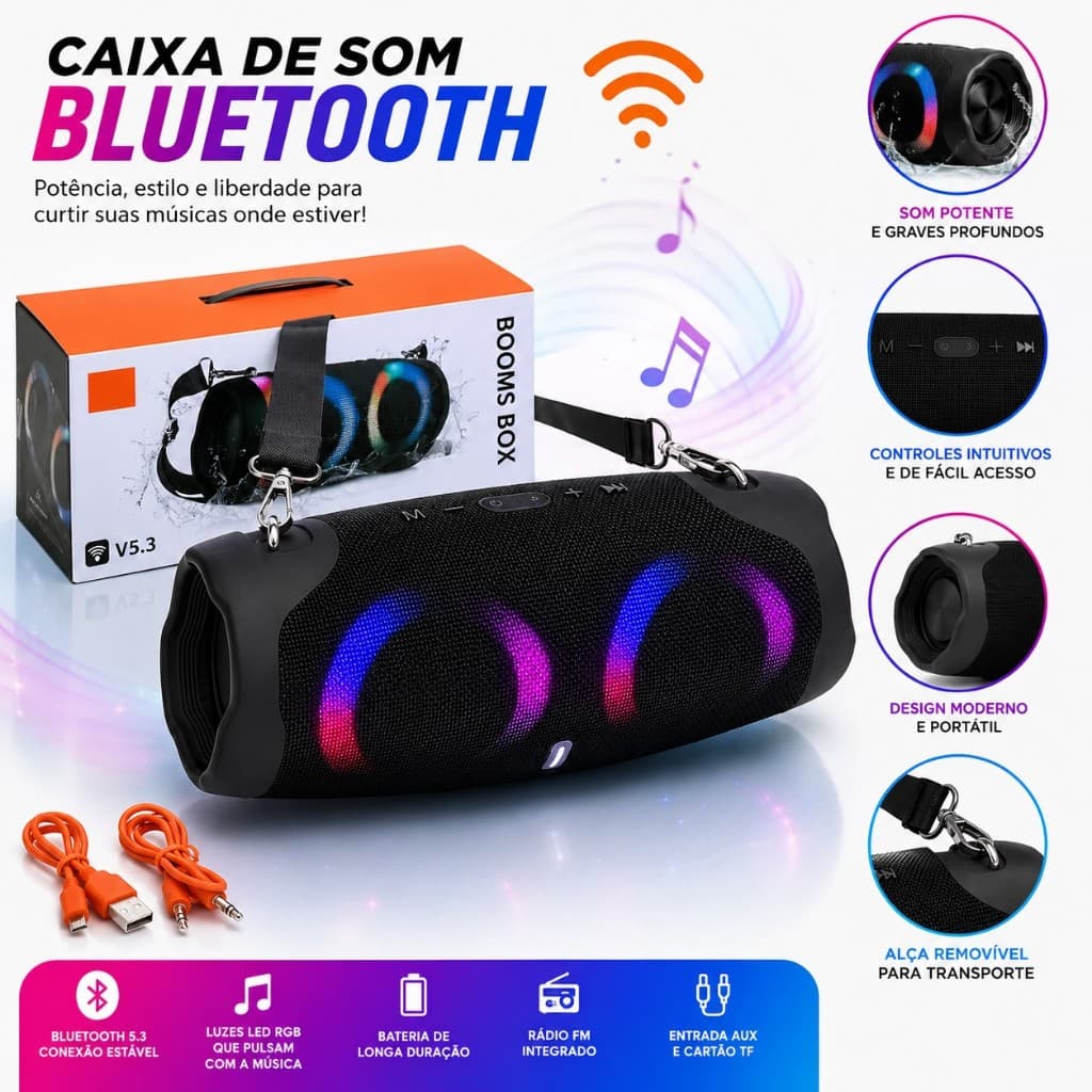 Caixa de Som Bluetooth Grande RGB com Alça Rádio FM USB TF Original Inova