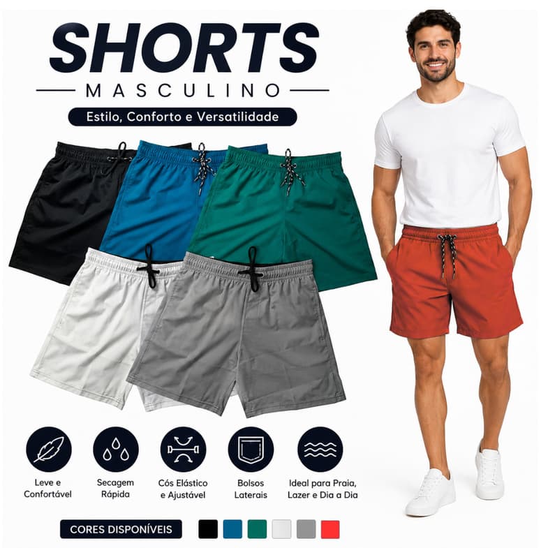 Short Masculino Tactel com Elastano Academia Casual Confortável