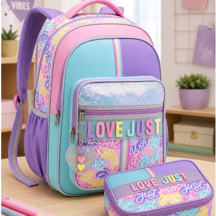 Mochila Escolar Infantil Feminina Just Love com Estojo Kit Completo Escolar Resistente Paetê