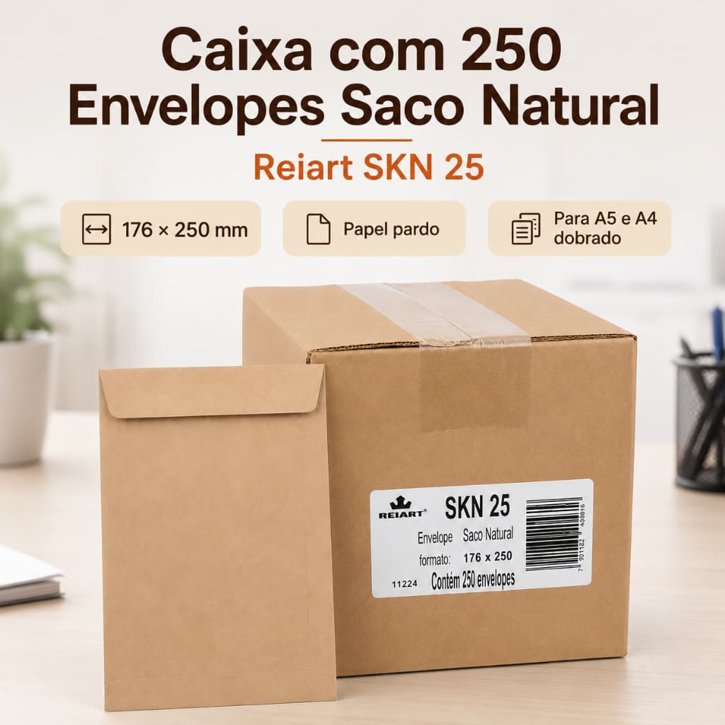 250 Envelope Saco Papel Pardo Natural 176x250mm A5 para Documentos Arquivo Escritório Empresas