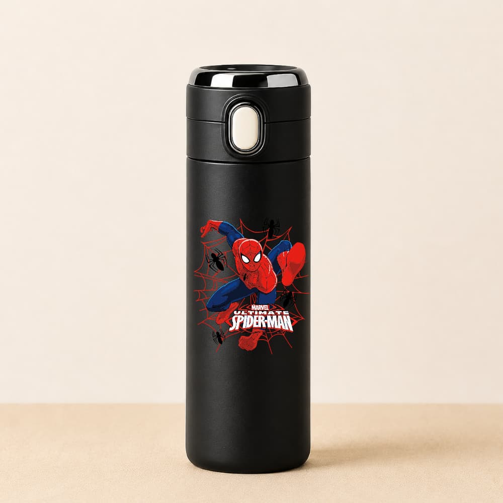 Garrafa Térmica Infantil Aço Inoxidável Homem-Aranha Spiderman Estampada Termometro LED Digital 420ml