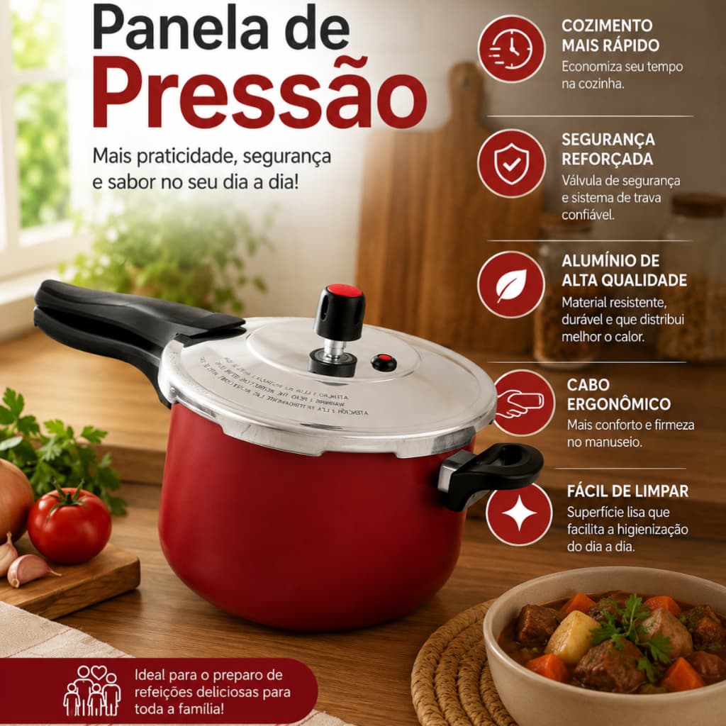 Panela de Pressão 4,5L com Travas de Segurança Vermelha