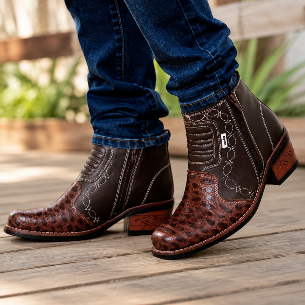 Bota Country Masculina Couro Legitimo Ziper Butina Rodeio Botina Agro Cowboy