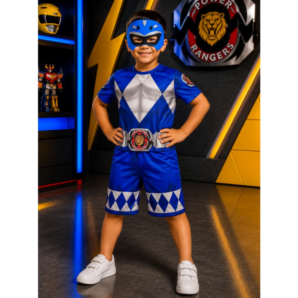Fantasia Infantil Power Rangers Com Mascara E.V.A Roupa Macacão Azul