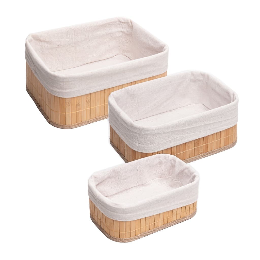 Kit 3 Cestos Organizadores de Bambu com Forro Lyor Retangular Natural Já Montado Removível Lavável Multiuso Cesta Cestin