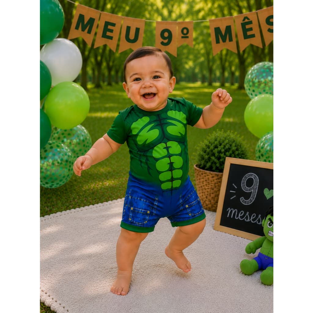 Fantasia Infantil Hulk Macacão Baby Leve e Confortável Ideal para Mesversario e Ensaios Fotográficos