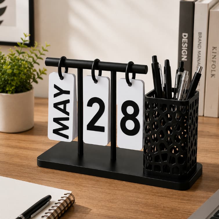 Porta Canetas com Calendário Permanente Organizador de Mesa Escritório Decoração Presente