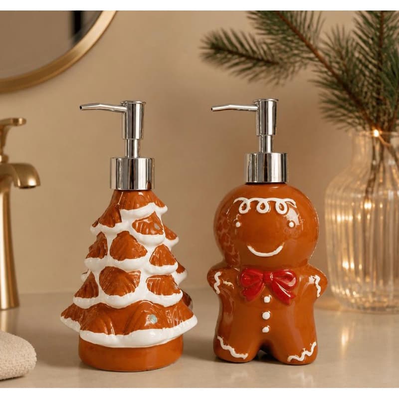 Dispenser de Sabonete Líquido em Porcelana — 300ML Porta Sabonete Lavabo Designer Arvore e Gingerbread Biscoito de Natal