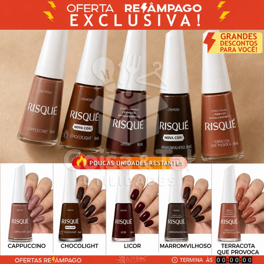 Kit 5 Esmaltes Risqué Tons Terrosos Cremoso Marrom Nude Hipoalergênico Atacado Revenda
