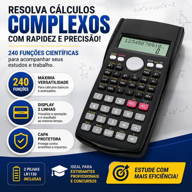 Calculadora Científica 240 Funções Com Capa LCD 2 Linhas 10+2 Dígitos Para Escola Faculdade Engenharia