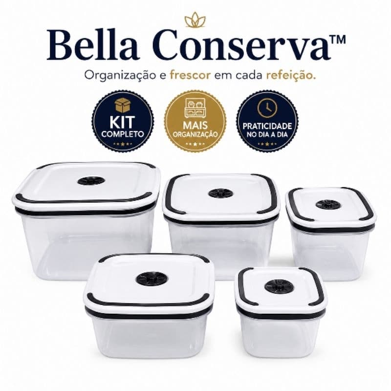 Kit 5 Potes Herméticos Plástico com Tampa para Mantimentos Geladeira e Cozinha Bella Conserva