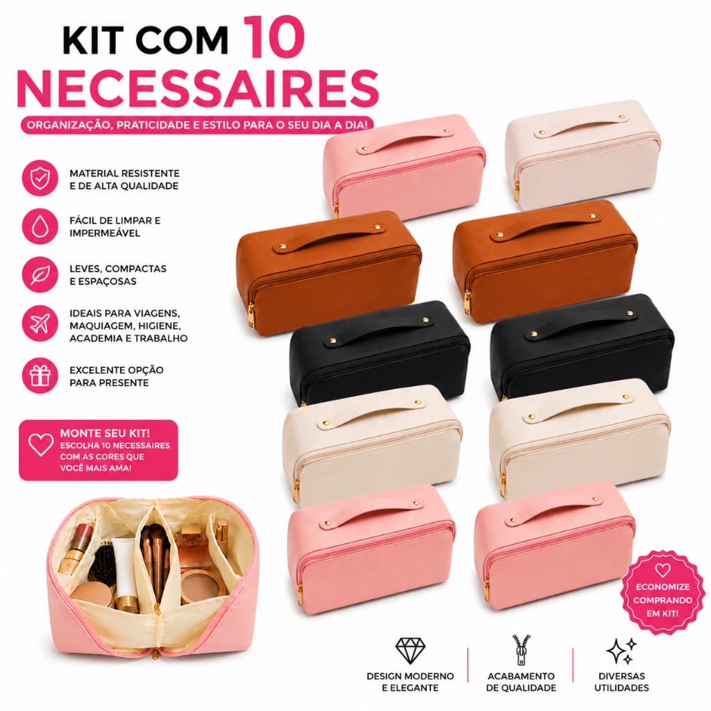 Kit 10 Necessaire  Com Divisórias Organizadora Para Maquiagens Skin care Para Viagens Resistente a Água