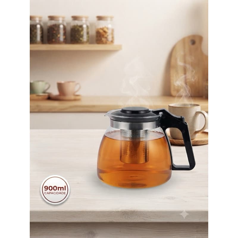 Chaleira de Chá com Infusor 900ml - Vidro e Inox, Design Moderno
