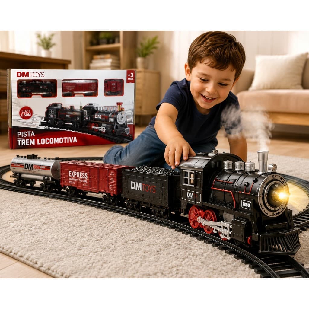 Trem Locomotiva Infantil DM Toys Luz e Som com Pista 85 cm Brinquedo Completo