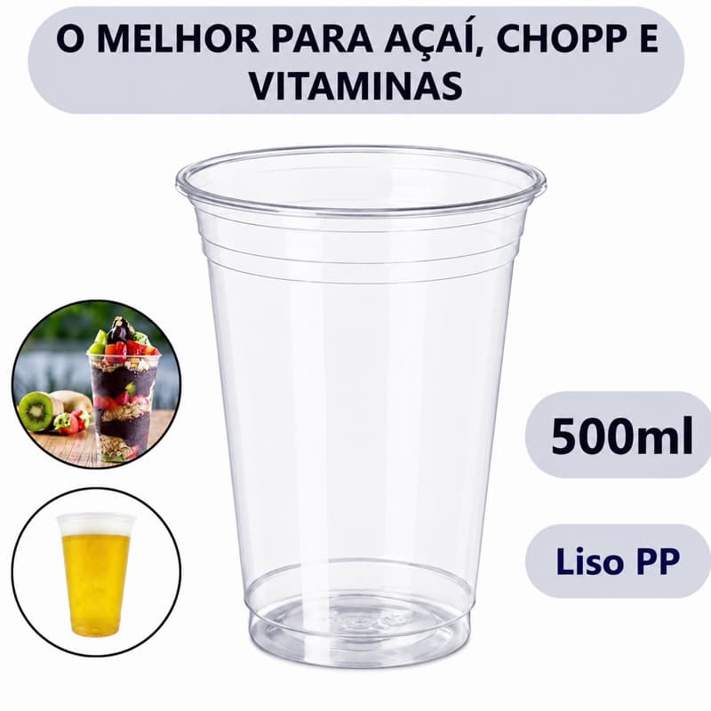 Copo Descartável PP 500/550ml Transparente Chopp Drinks e Açaí