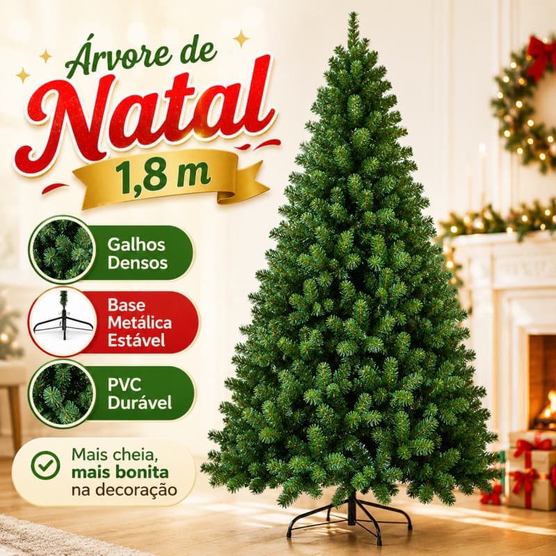 Árvore de Natal 1,80m Pinheiro Verde Artificial Cheia PVC com Base Metálica para Decoração
