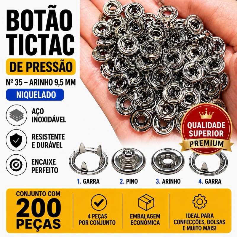 Botão Tictac de Pressão Nº 35 Arinho 9,5 mm Niquelado – Conjunto com 200 Pçs