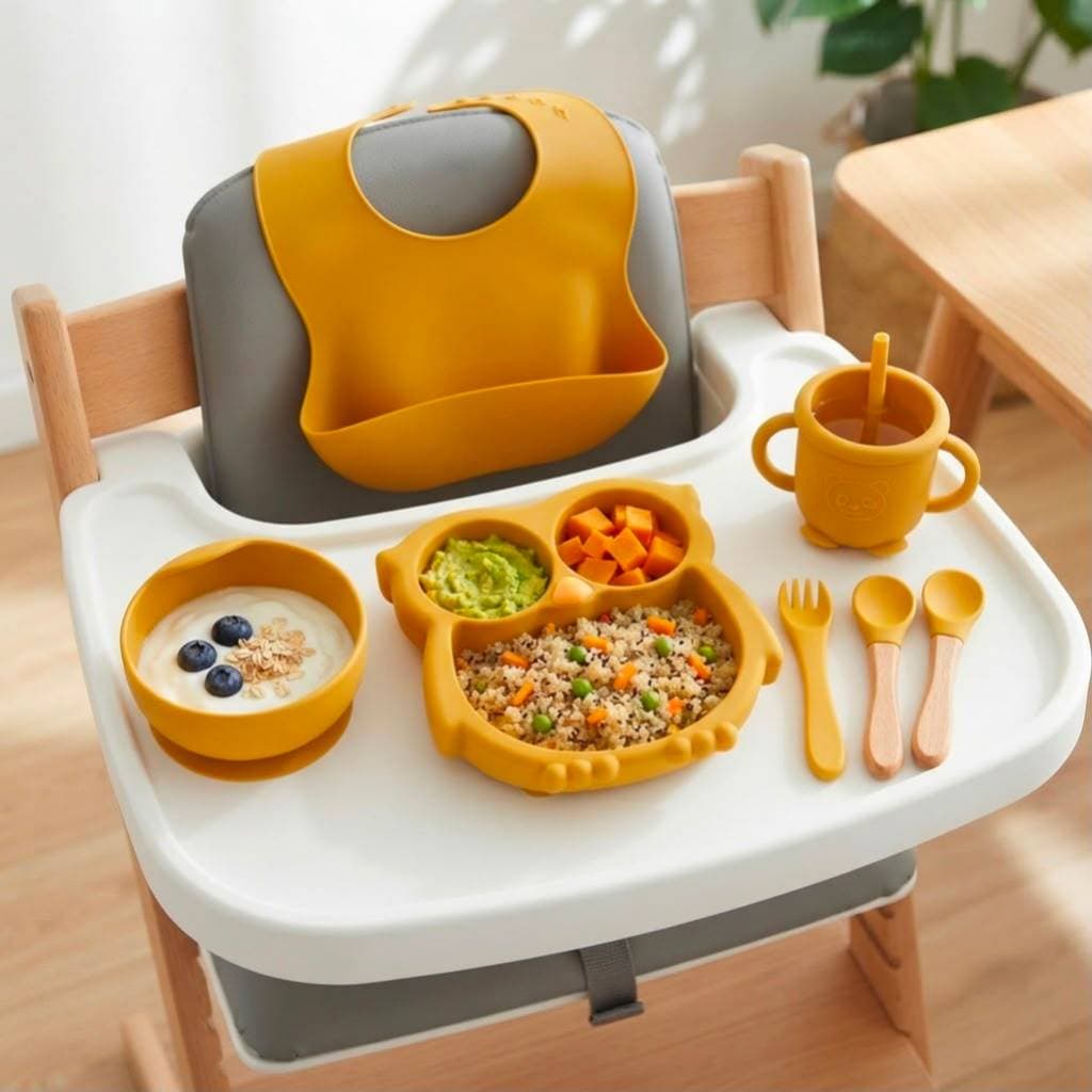 Kit 8 Peças Introdução Alimentar Refeição Bebê Silicone Com Ventosa Coruja