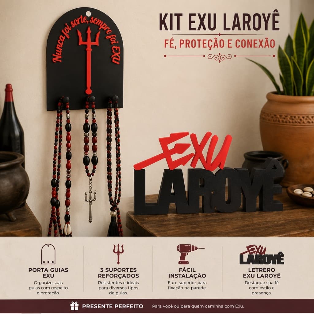 Kit Exu com Porta Guias de Parede 3 Ganchos + Letreiro Decorativo Laroyê Exu