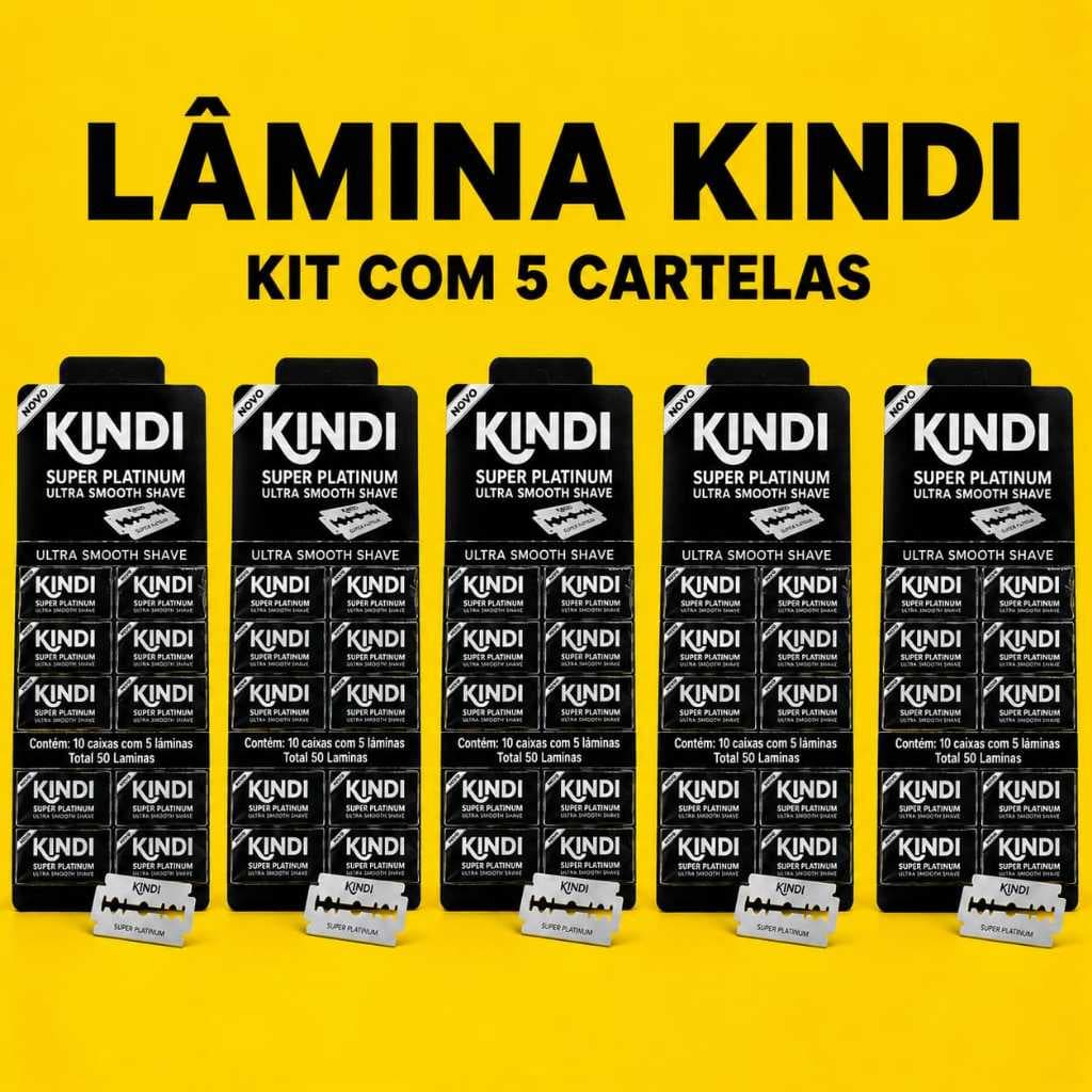 Kit com 05 Cartelas de Lâminas de Barbear Kindi - 50 Lâminas cada cartela