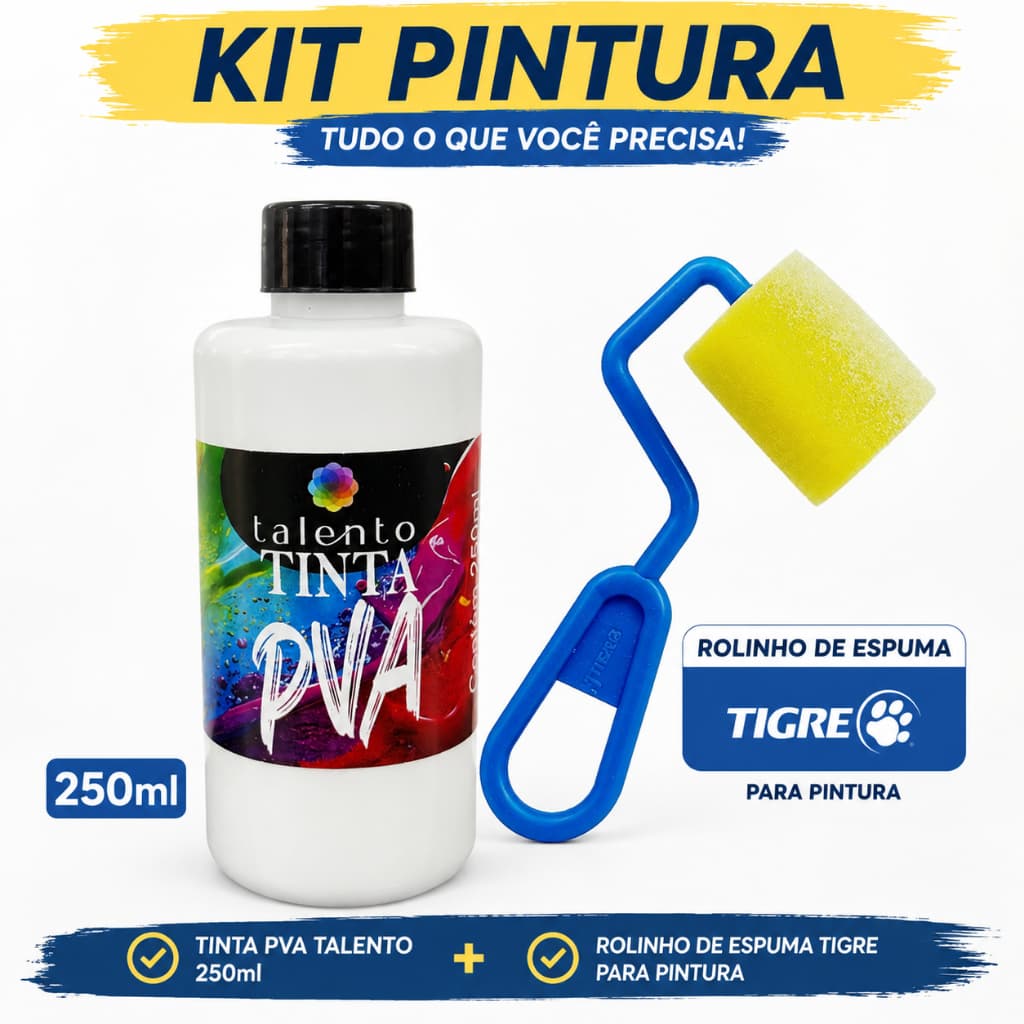 Kit Tinta PVA 250ml + Rolinho de Espuma Tigre para Pintura | Ideal para Artesanato