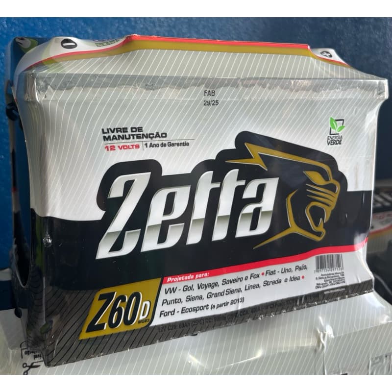 Zetta Z60D 12V 60AH - Polo Positivo Direito - Fabricada pela Moura - 18 Meses de Garantia