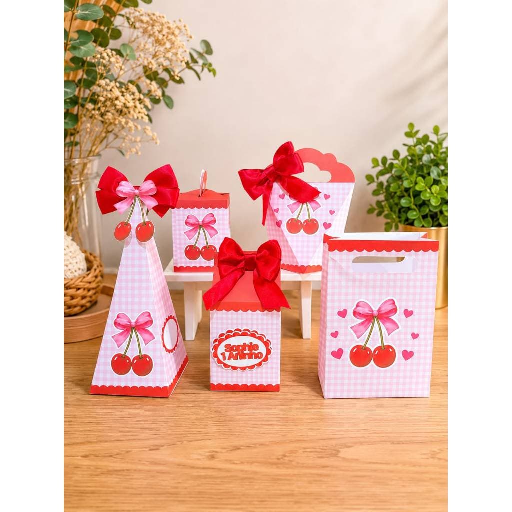 Kit Festa Cerejinha Luxo 5 Peças | Sacolinha + Caixas Personalizadas | Pegue e Monte ou Montado