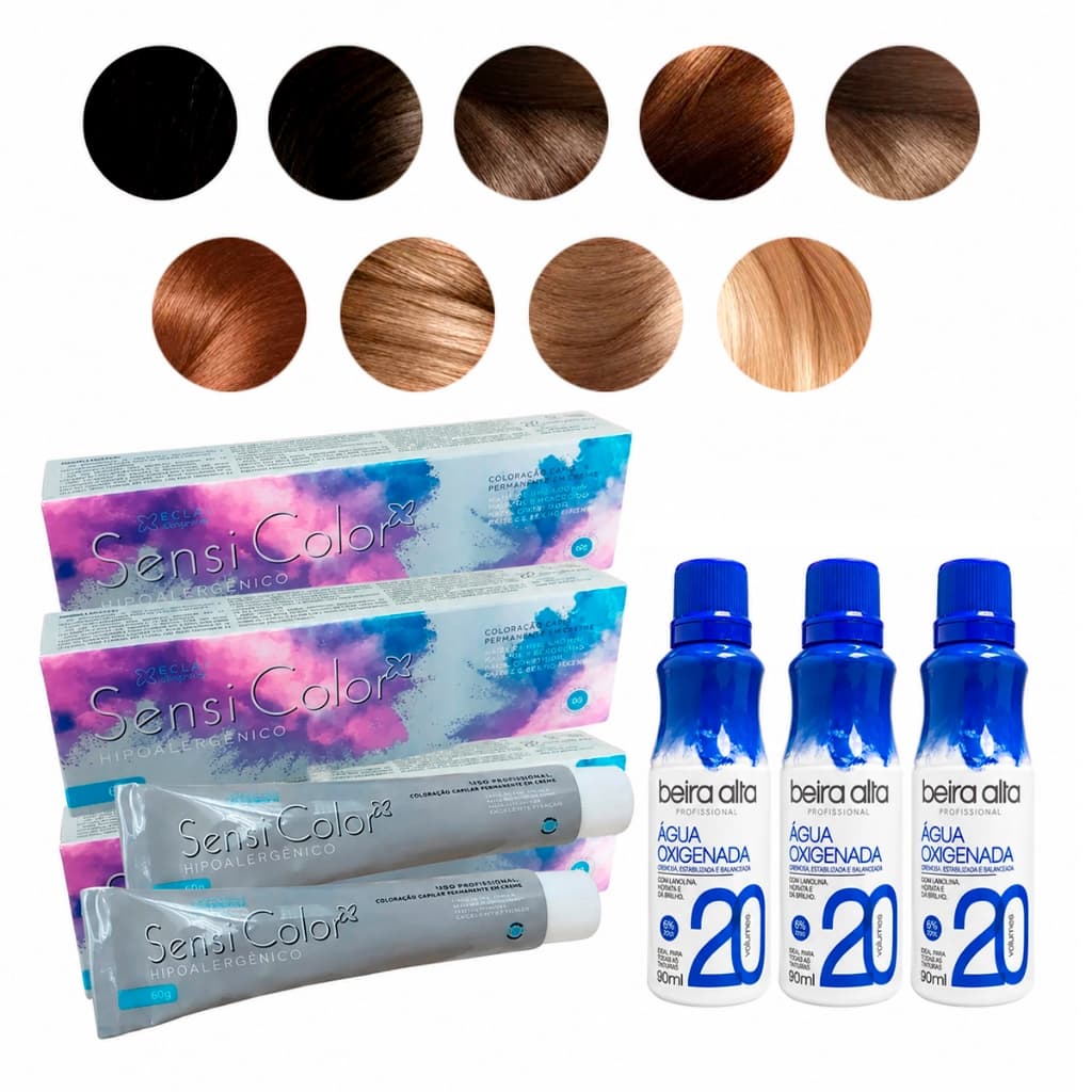 Kit com 3 Tintas Hipoalergência Sensi Color Alergoshop + Água Oxigenada 20 Volumes