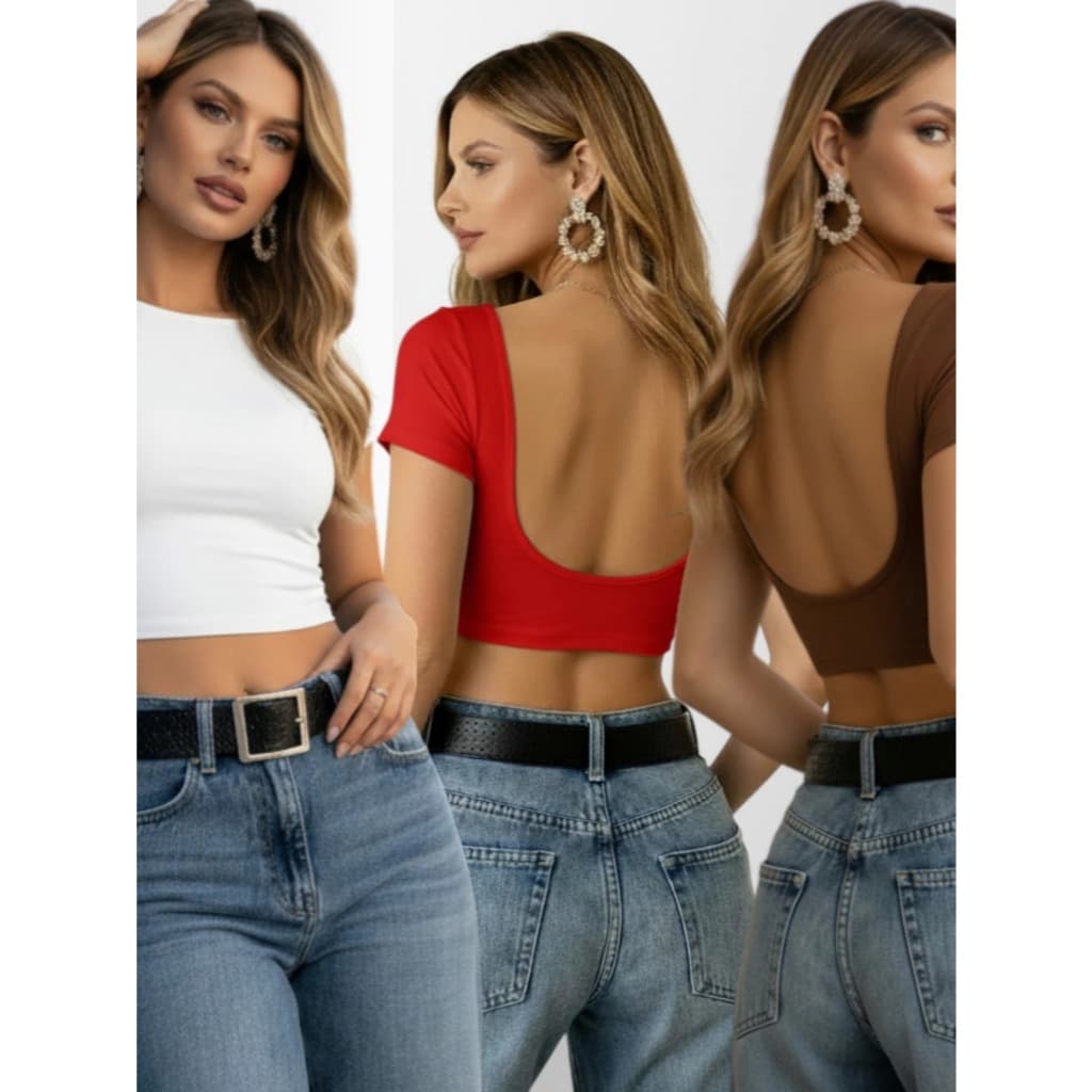 Kit 2 Cropped Costas Nua Feminino Ombro a Ombro Manga Curta Baby Tee Liso Casual Básico Suplex Premium