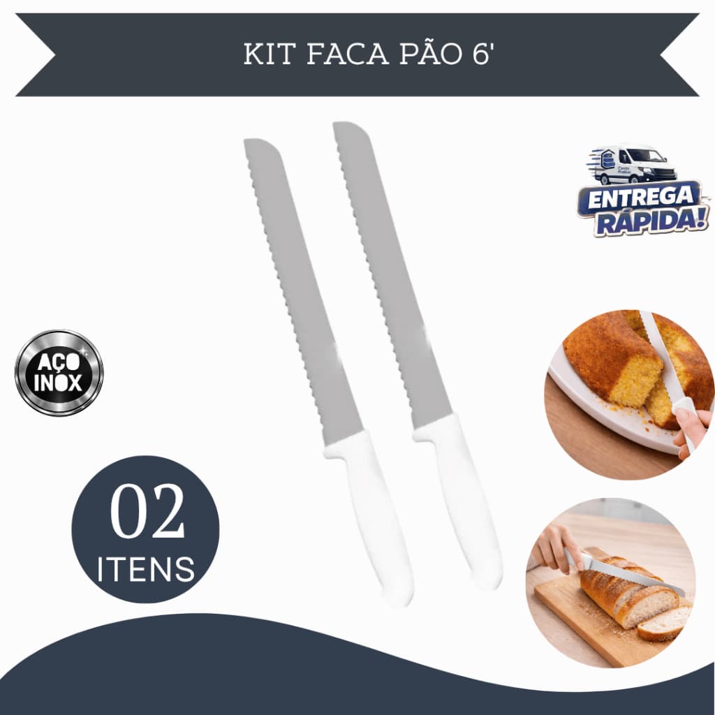 Kit 06/04/02 Facas de Pao Bolo Torta Grande Cucas Serra Serrilha Aço Inox Chef Cozinha Restaurantes