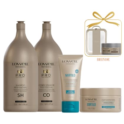 Kit Lowell Lavatório Sh e Condicionador 2,5L, Leave-in Mirtilo e Máscara Mirtilo 240g +BRINDE Necessaire e Másc 48g