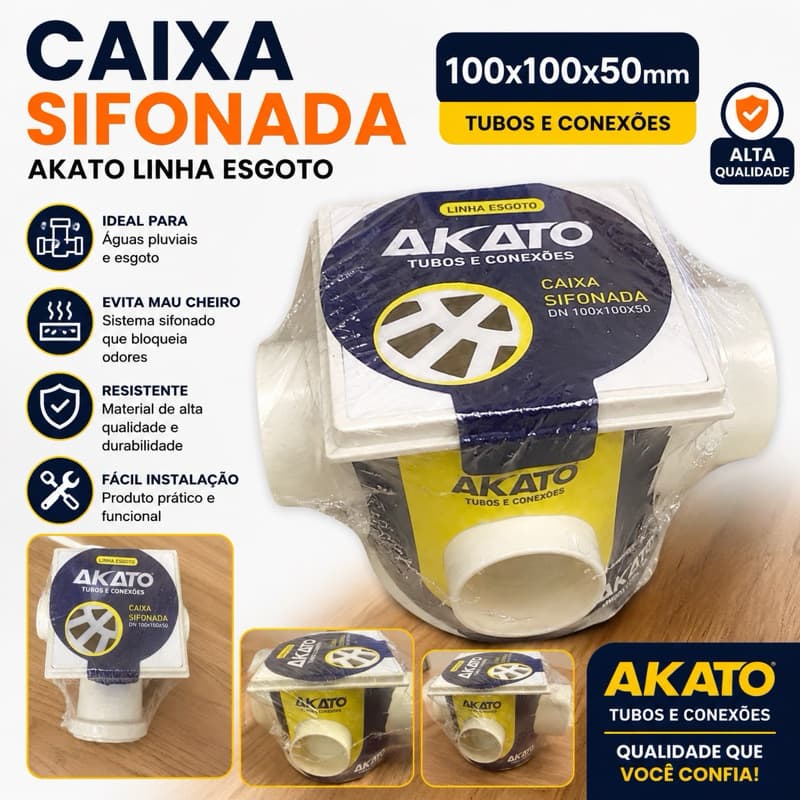 Caixa Sifonada Akato DN 100x100x50mm PVC Branco para Esgoto e Águas Pluviais com Tampa Removível