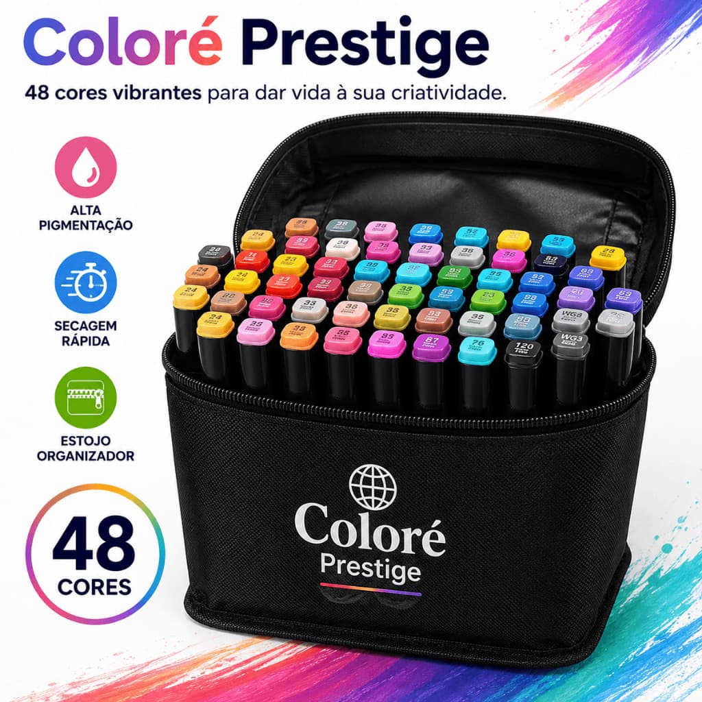 Kit 48 Canetas Hidrográficas Coloridas Coloré Prestige Alta Pigmentação Estojo Organizador Secagem Rápida 48 Cores