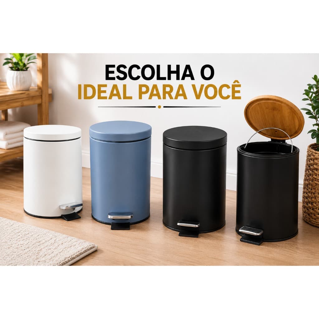 Lixeira Redonda com Pedal Multiuso Aço Branco Matte 3L e 5L Cinza Matte 3L e 5L Preto Matte 3L Tampa Bambu 5L