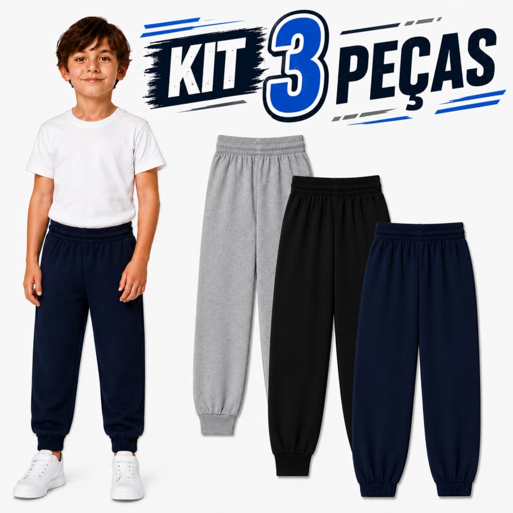 Kit Sortido 3 Calças Moletom Infatil Peluciada Masculina/Menino Elastico Na Cintura Quentinha Inverno