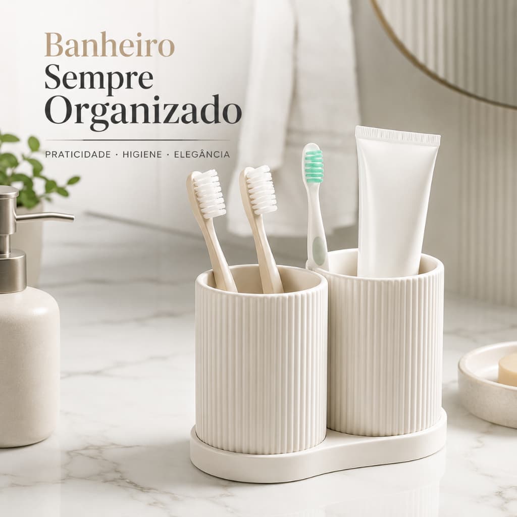 Kit Porta Escova de Dente Canelado Organizador Banheiro Bandeja Porta Pasta Minimalista