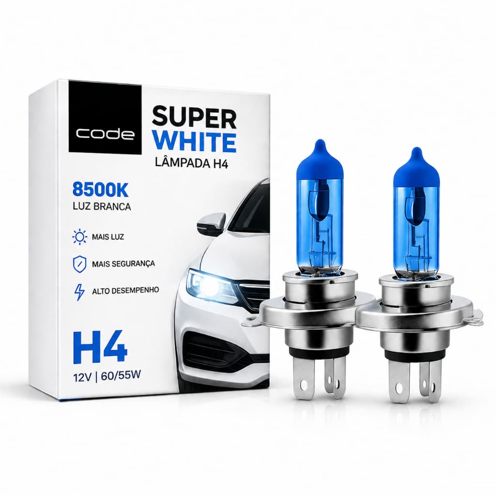 Par Lâmpada Farol H4 Super Branca 8500K Efeito Xenon Alto Baixo 12V 60/55W