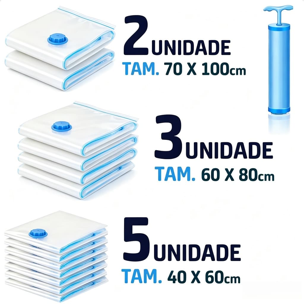 Kit 5 ou 10 Saco a Vacuo Mala Viagem Organizador Roupas Edredom inclui Bomba com 5p 3m 2g