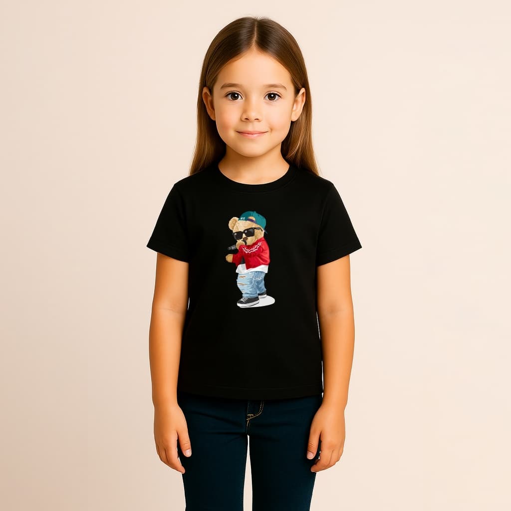 CAMISETA INFANTIL MENINA ALGODÃO URSO RAPPER MICROFONE OCULOS BONE NYC