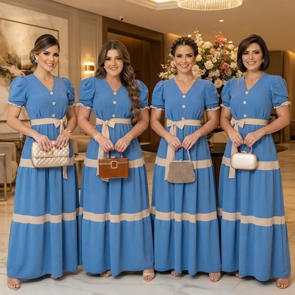 Vestido Longo Feminino Social Manga Curta Moda Evangélica Congresso Plus Size Com CInto E Botão