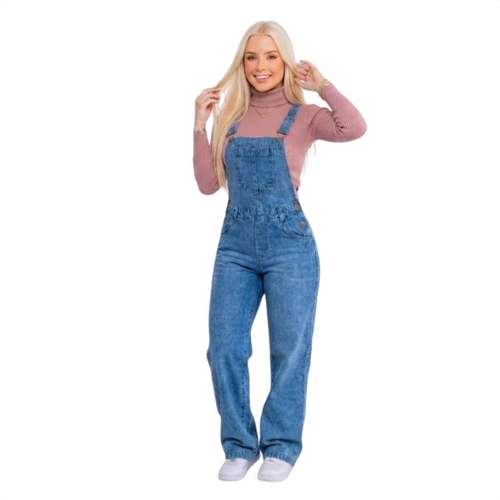Jardineira Calça Wide Leg Macaquinho Cintura Alta Destroyed Promoção - WellPlus Jeans