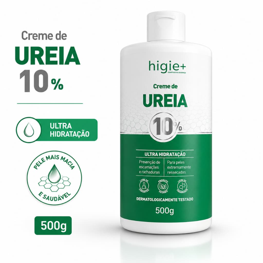 Creme de Ureia 10% Higie+ 500g Ultra Hidratante Para Pés Mãos Joelhos Cotovelos Pele Ressecada  Descrição