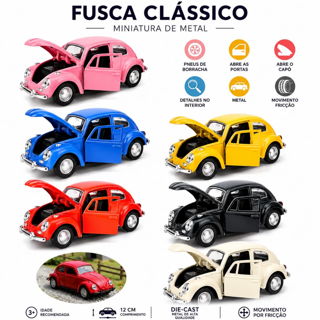 Miniatura Fusca Carrinho de Ferro Fusquinha Fricção Abre Porta Capô Coleção