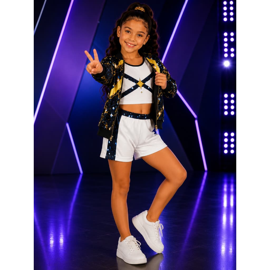 Fantasia Infantil Estrela Guerreira do K-Pop Roupa Conjunto Shorts Top E Jaqueta Dança Diversão Cantora Dançarina Show