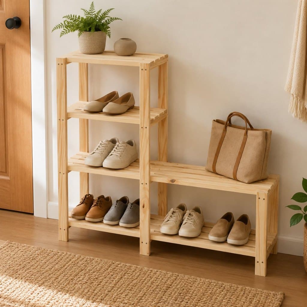 Sapateira com Banco e Estante Vertical de Madeira Pinus Natural para Calçados Bolsas Plantas e Objetos Decorativos