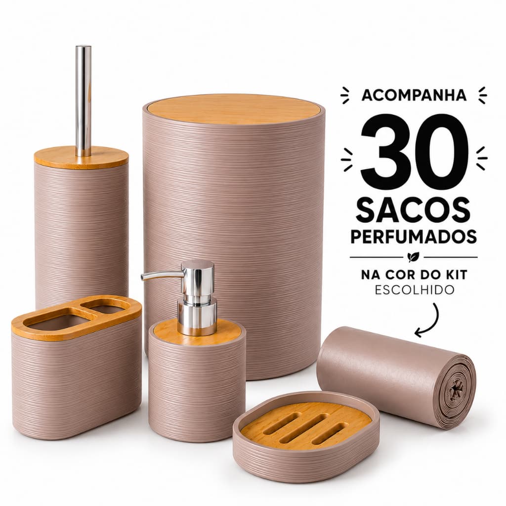 Kit Banheiro Lavabo Organizador 5 Peças Completo Lixeira Tampa Bambu Dispenser Porta Sabonete