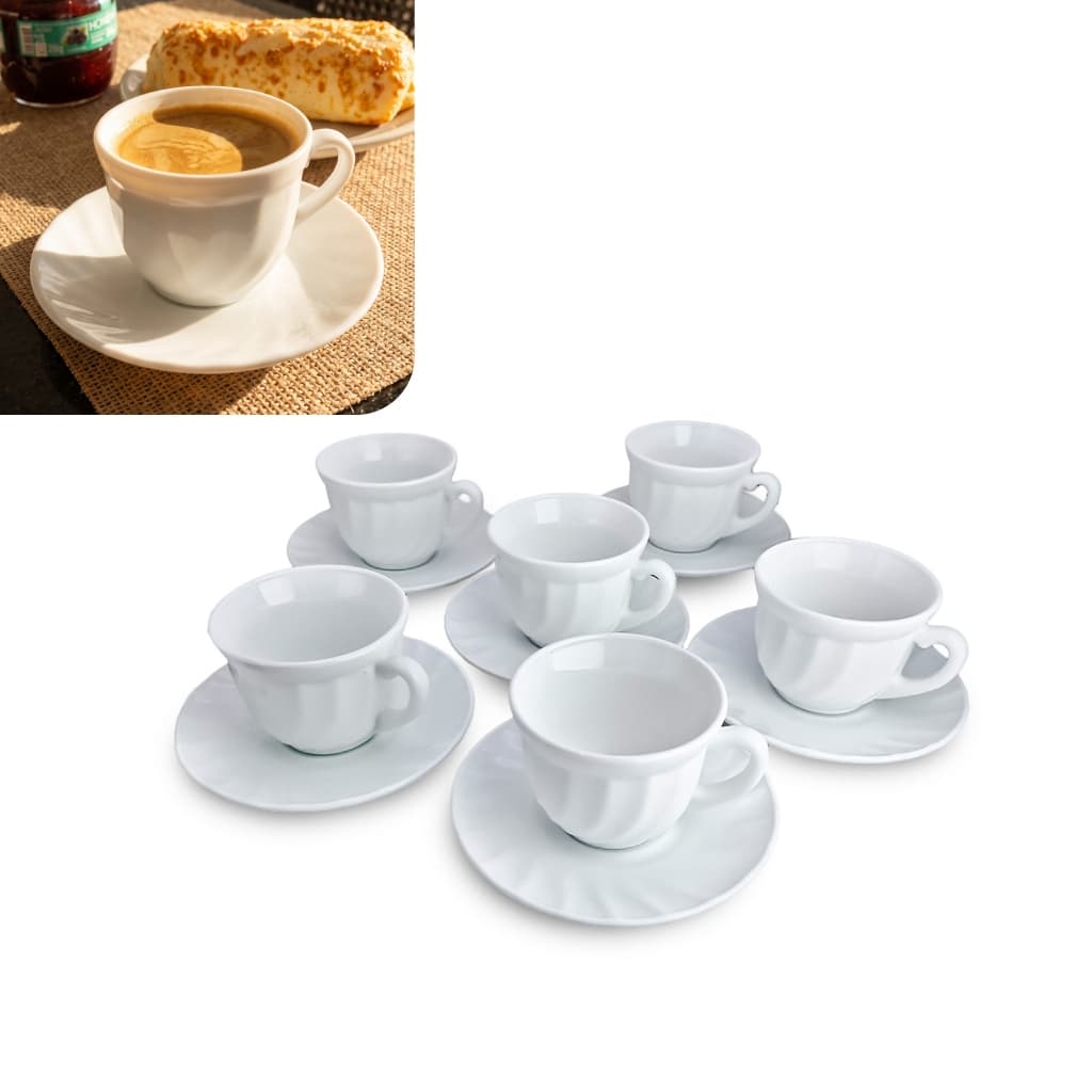 Jogo 6 Xícaras De Café Com Leite E Chá 185ml C/ Pires Opalina Louça Branca Premium Decorativa Mesa Posta