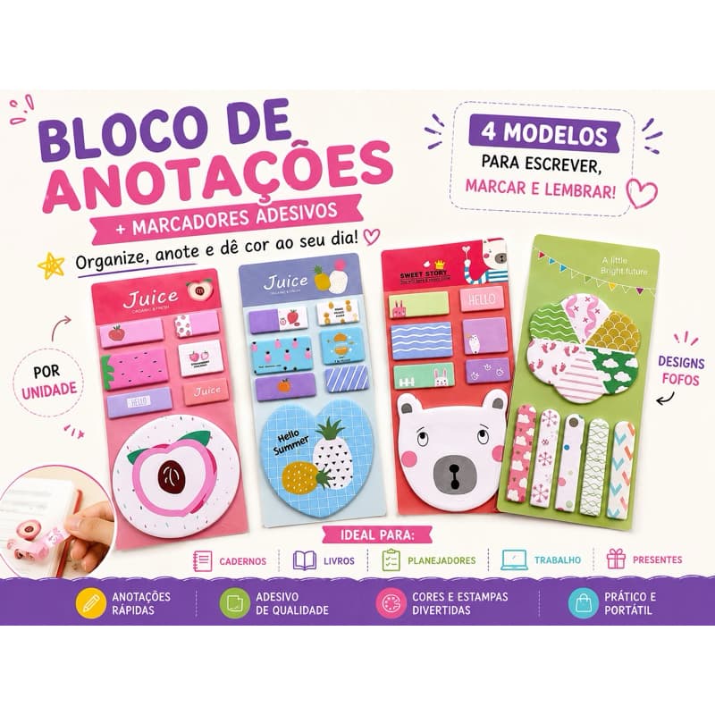 Bloco de Anotações Adesivas Fofo com Marcadores Estampados