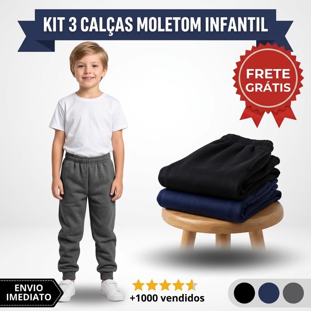Kit c/ 3 Calças Moletom Infantil Jogger Menino Preto Azul Marinho e Cinza Chumbo Confortável