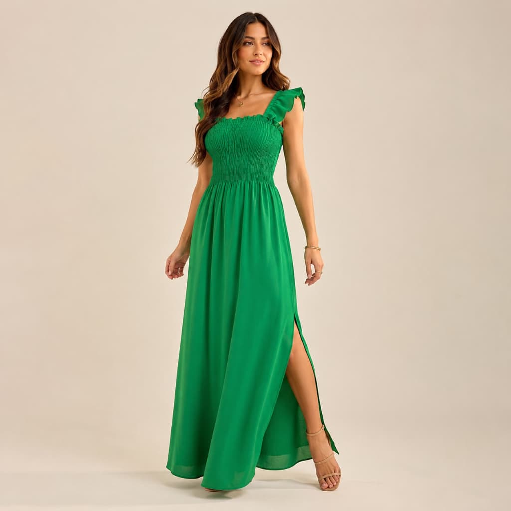 Vestido Longo Feminino Lastex Com Fenda Babado Casual Elegante Confortável Moda Verão Praia Festa Culto Igreja Leve